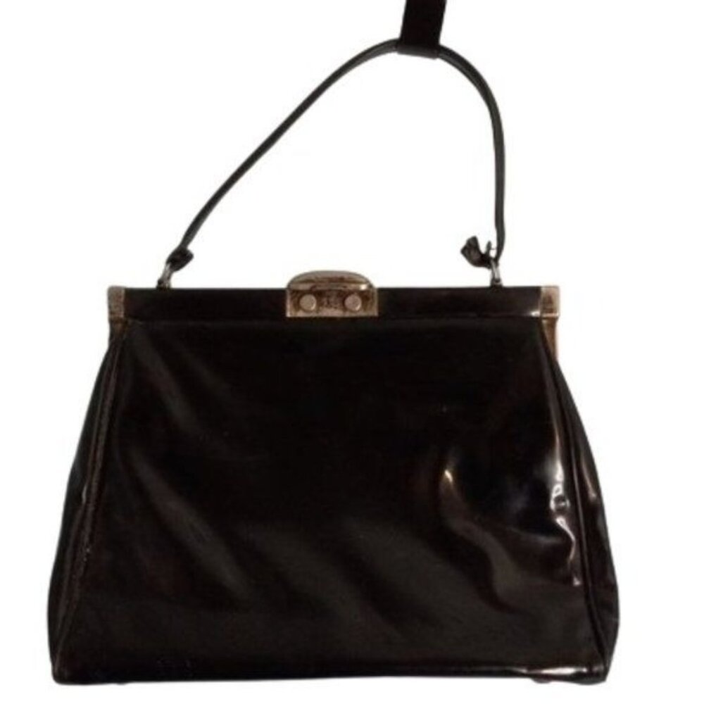 JR Julius Resnick Black Patent Vinyl Handle Bag Kiss-Lock Closure Vintage 1960s